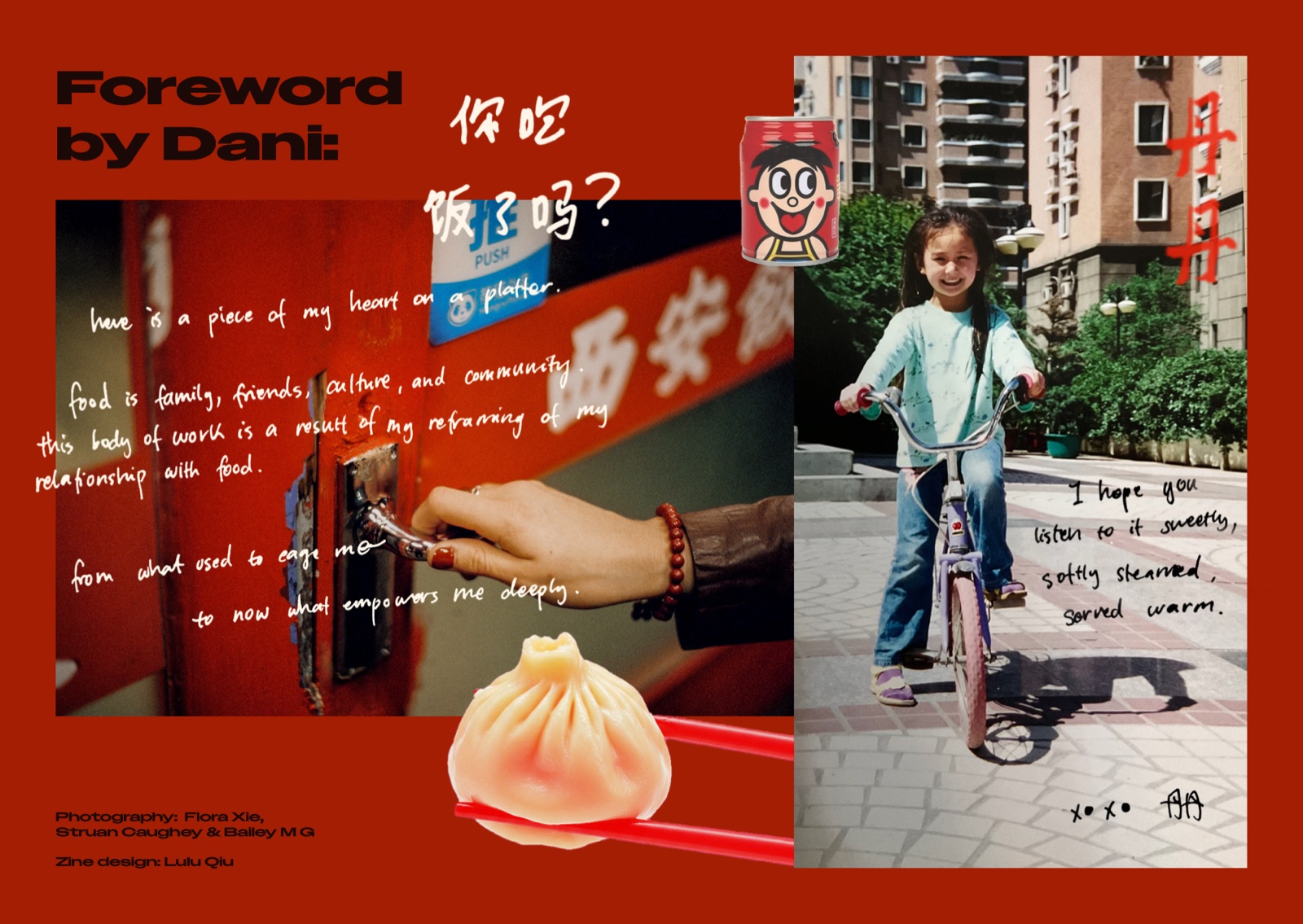 foreword spread: a handwritten note from dān dān over a photo of a red restaurant door, beside a childhood photo of her on a bicycle, with a dumpling and red chopsticks