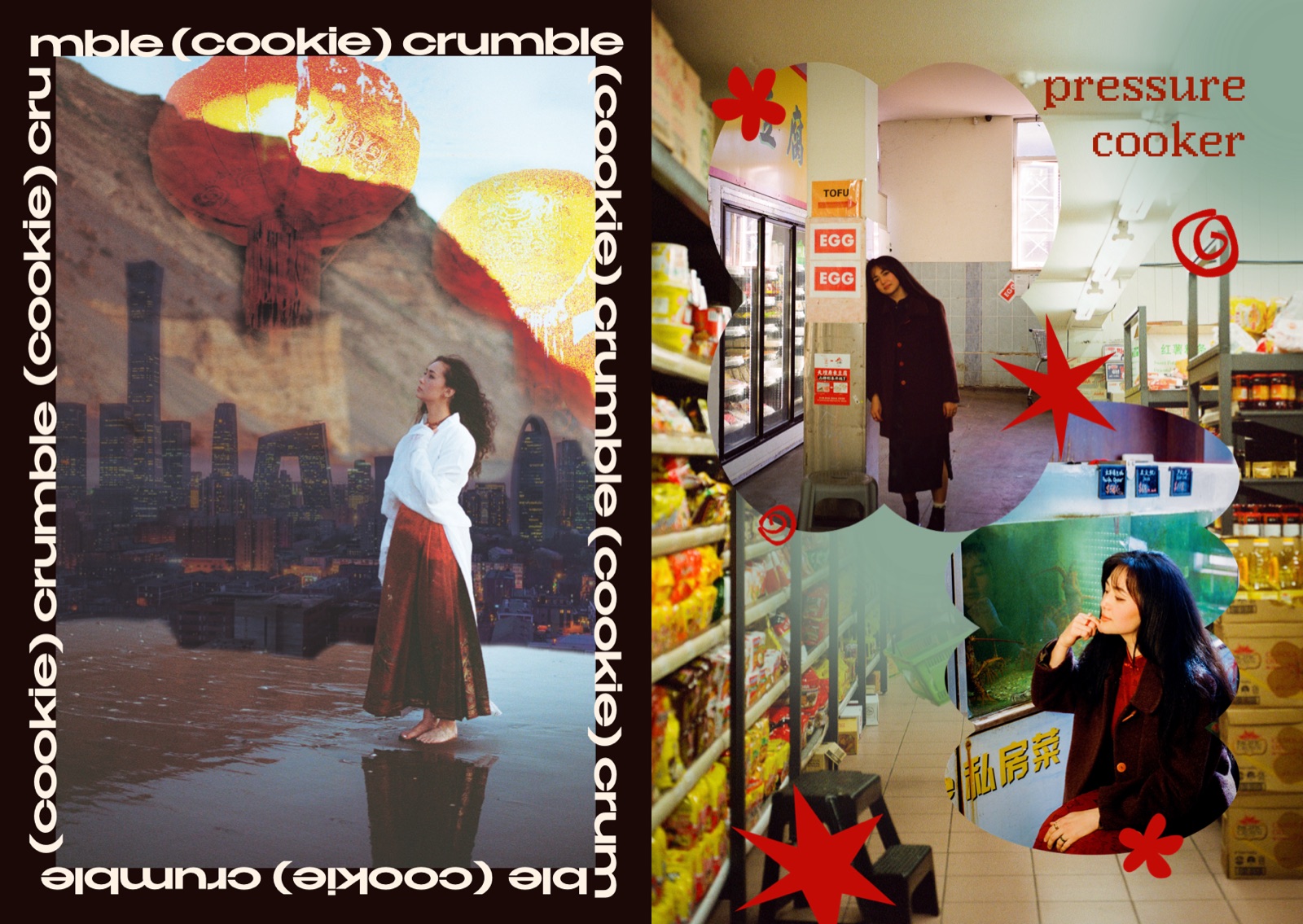 spread for (cookie) crumble and pressure cooker: dān dān standing in a flooded cityscape, and browsing the aisles of an Asian supermarket