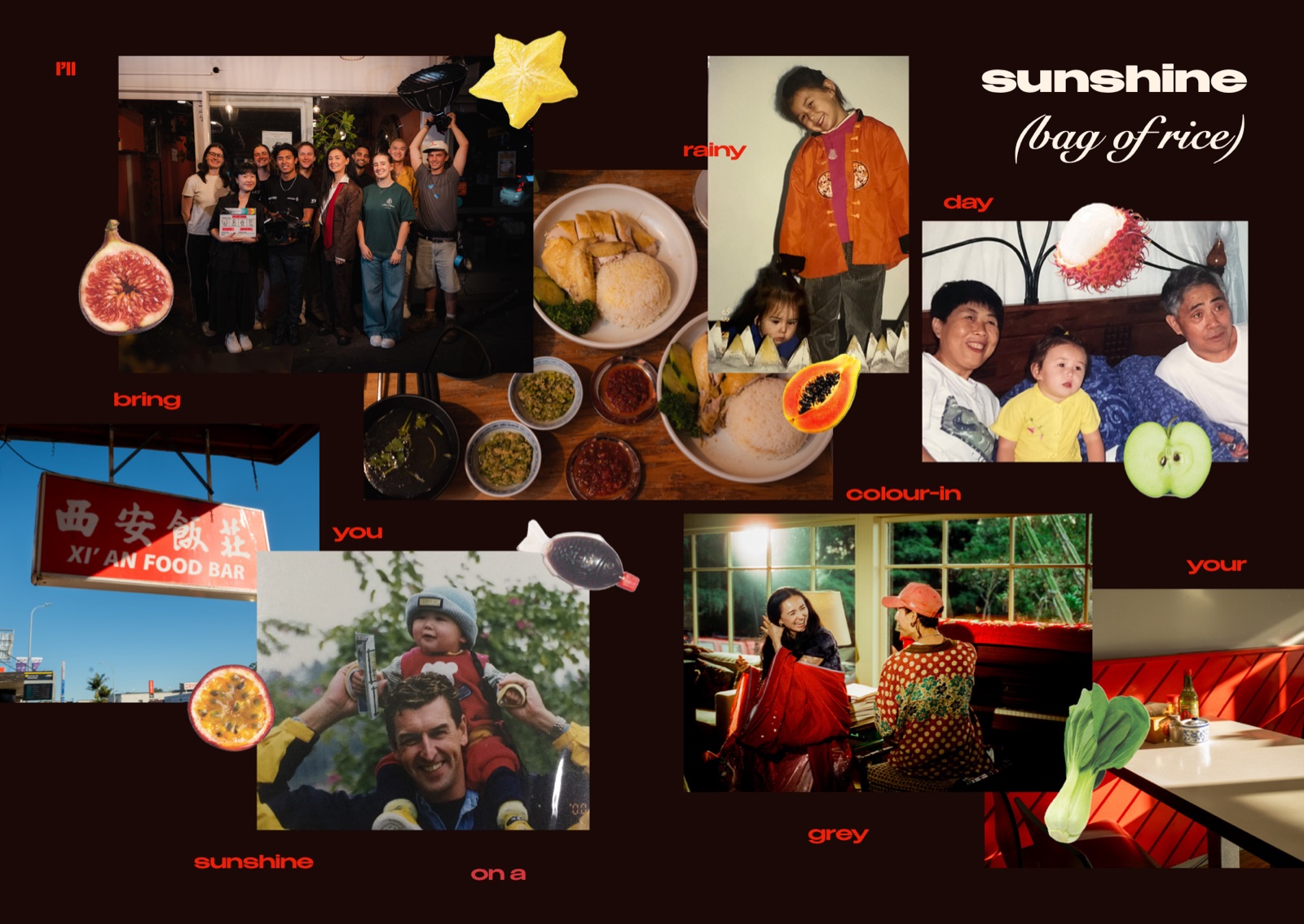 spread for sunshine (bag of rice): a collage of family and crew photos, shared dishes, fruit and the Xi an Food Bar sign